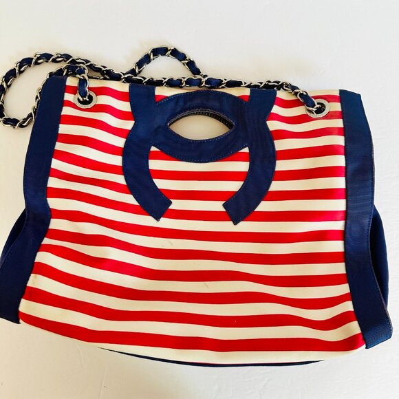 AUTHENTIC CHANEL CRUISE LINE CHAIN STRAP RED WHITE BLUE STRIPE RESORT VINTAGE - Picture 3 of 16